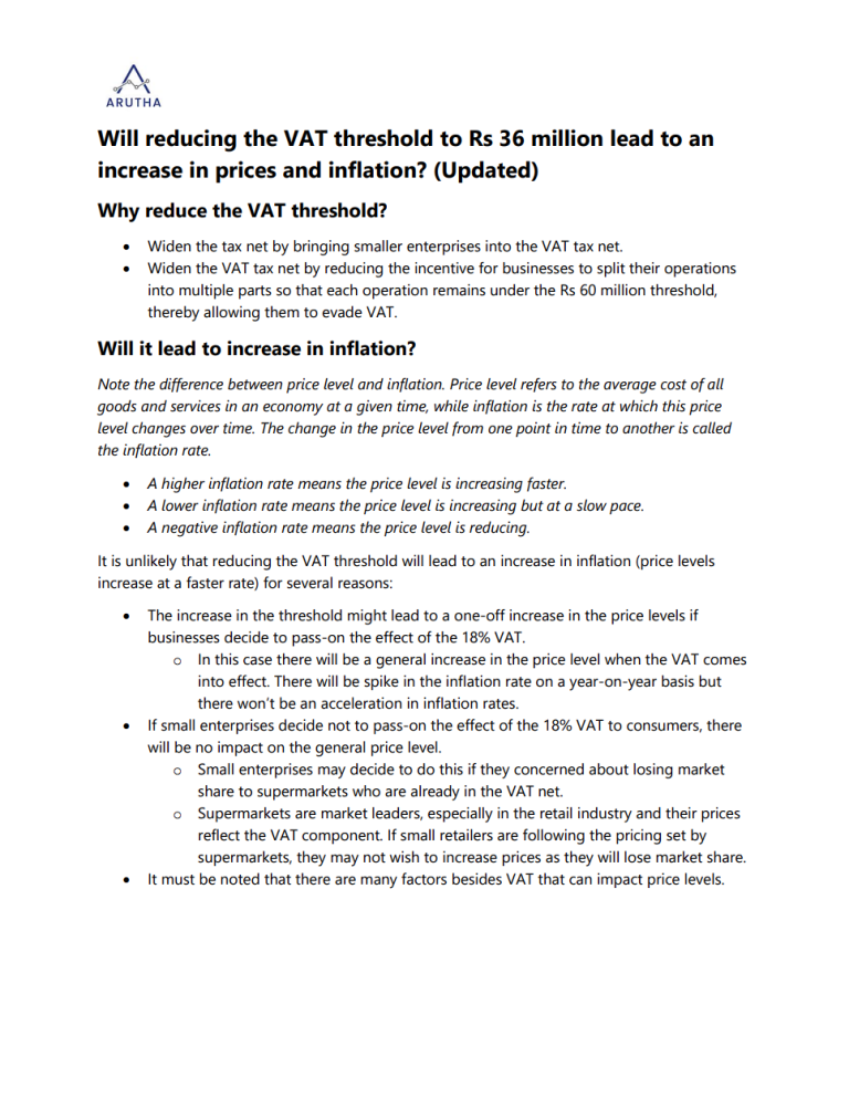 Will reducing the VAT threshold to Rs 36 million lead to an increase in prices and inflation?